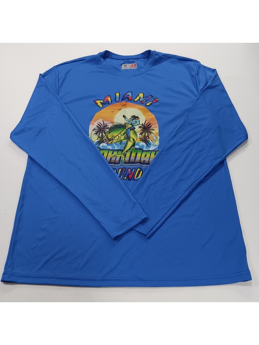 A4 Miami Mahi Roundup Men’s Blue Long Sleeve Crew Neck Graphic T-Shirt Size M